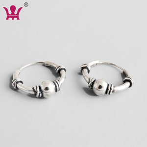 WMYH367 Bali Vintage S925 Sterling <strong>Silver</strong> Ball Bead Earrings <strong>Small</strong> Round <strong>Hoop</strong> for Wedding Party or Gift for Women Men or Girls - Product Image 2