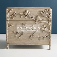 Commode en bois de style rustique américain avec motif de feuilles d'élan, armoire de style antique français vieilli, décorative avec relief floral d'oiseaux