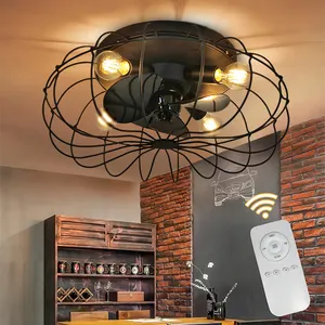 Modern Flush Mount Adjustable Ceiling Fan Industrial Black Remotet Control Caged Ceiling Fan with Light. led light fans