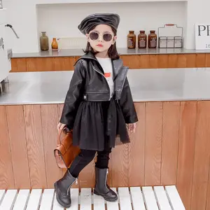 Bebê Menina Casaco Jaqueta PU Com Patchwork Tutu Vestido Moda Outono Inverno Windbreak Casacos Roupa dos miúdos