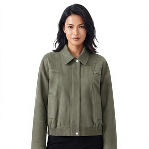 Women's Olive Green <b>Suede</b> Utility <b>Jacket</b> With Turn-Down Collar And Zipper Pockets Autumn Style - Product Image 1