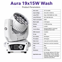 Luz Móvil LED Aura 19x15W RGB Wash con Zoom, Control DMX512/Activación por Sonido, Clasificación IP33, Acero Inoxidable, 50000 Horas de Duración, para Escenarios