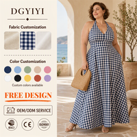 Robe longue d'été pour femme en coton et lin imprimé, coupe évasée, dos nu, sans manches, motif gingham, 260 GSM, opaque, grandes tailles, personnalisable avec logo OEM