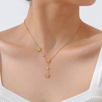 Kalung Liontin Bunga Manis Berlapis Emas 18K XL568 Tahan Air, Kalung Bentuk Y dari Baja Anti Karat untuk Wanita