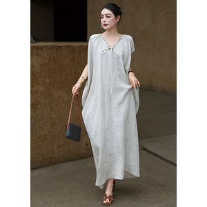 Vestido de Verano para Mujer, Estilo Vacacional, Cuello en V, Manga Corta, Elegante, Holgado, Largo, Mezcla de Lino y Poliéster, Estilo Swing, Casual - Product Image 2