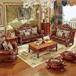 Divano da salotto di lusso in stile europeo in legno massello doppio lato intagliato di alta qualità in stile americano Top-strate di vacchetta nuovi mobili - Product Image 1