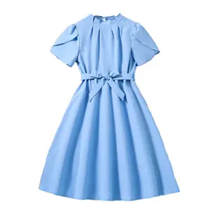 新款青少年夏季蓝色连衣裙儿童短袖褶边连衣裙8 12岁
