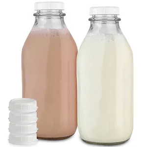 Recipiente de leche de grado alimenticio reutilizable, botella de leche de vidrio con tapa, jarras de 32 oz, rociador de bomba de embalaje de Perfume, estampado en caliente redondo CN;JIA