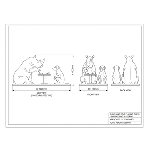 Gran instalación artística de cobre fundido con rinoceronte y perro, escultura de bronce de rinoceronte y perro jugando ajedrez para vestíbulo de museo y club de alta gama - Product Image 4