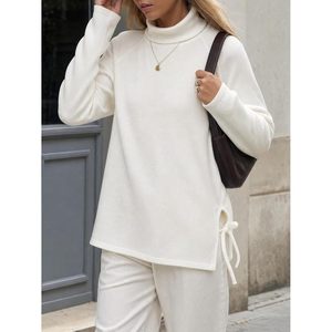 Custom Womens <b>Turtleneck</b> Oversized <b>Sweater</b> Ribbed Knit Side Slit Batwing Sleeve Drop Shoulder Pullover - Product Image 2