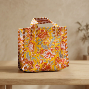 Sac fourre-tout en coton matelassé jaune à motifs floraux, poignées rayées, fermeture éclair, style bohème, sac de plage quotidien pour femmes, sac de shopping artisanal - Product Image 5