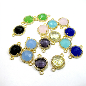 Connecteurs en quartz gemme rondes de 13 mm, serties de pavé de zirconium cubique, plaquées or 24 carats, breloque à double boucle pour toutes occasions - Product Image 1