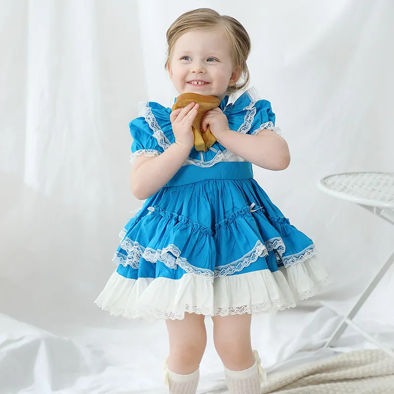 2021 Latest Style Solid Pattern Bow Ruffle Collar Sleeves Vintage Birthday Party Baby Girl Dress