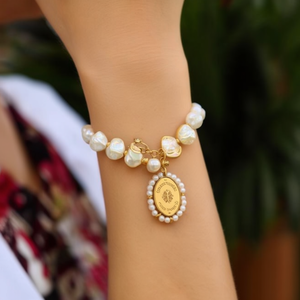 Pearl <b>Bracelet</b> With <b>Gold</b> Plated Charm And Religious Medal For Women - Product Image 3