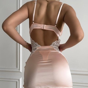 Ensemble deux pièces nuisette en satin avec dentelle pour femme, <span class=keywords><strong>dos</strong></span> <span class=keywords><strong>nu</strong></span> en V profond, vêtements de nuit, <span class=keywords><strong>lingerie</strong></span> de <span class=keywords><strong>mariée</strong></span> et de lune de miel, vente en gros OEM - Product Image 3