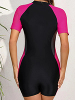 Maillot de bain une pièce pour femme, manches courtes, fermeture éclair sur le devant, color block, coupe boyleg, pour le surf