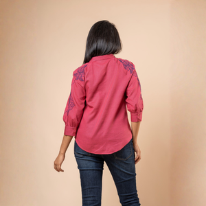 Chemisier polyvalent en lin rose de qualité supérieure avec broderie florale, respirant, idéal pour toutes les saisons, pour femme - Product Image 5