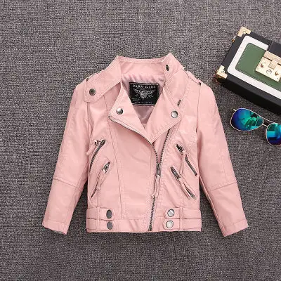 Outono Inverno Novos Meninas Rosa/Vermelho/Preto Biker Jacket Crianças Colarinho Stand-Up PU Casacos de Lã Para crianças