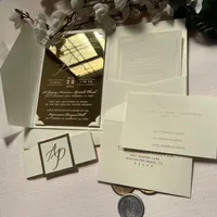 Set di Inviti Matrimoniali Personalizzati in Acrilico a Specchio con Codice QR, Biglietto RSVP, Stampa in Lamina d'Oro, Tasca Avorio per San Valentino e Matrimoni