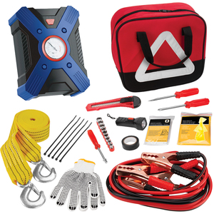 Kit d'assistance routière de luxe 33 pièces avec câbles de raccordement pour compresseur d'air Corde de remorquage pour lampe de poche Tout en plastique - Product Image 1