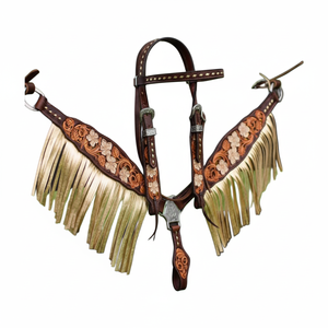 Juego de tachuelas de caballo de sillín inglés de cuero genuino ligero, flor tallada pintada en beige, flecos dorados, sillín occidental - Product Image 1