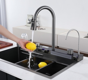 Chất lượng cao Hot Bán thác nước bồn rửa nhà bếp thực tế lớn duy nhất bồn rửa, 304 thép không gỉ, 4-tốc độ Pull-out vòi nước - Product Image 4