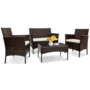 Sillones para todo tipo de clima con mesa de centro de vidrio y cojines gruesos, juego de 4 piezas de mimbre de ratán para patio y jardín al aire libre - Product Image 1