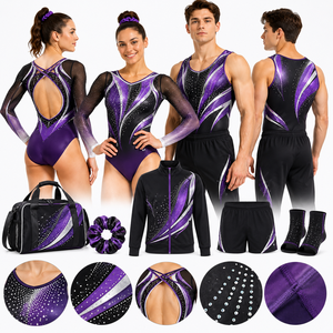 Justaucorps de gymnastique Ruby pour filles, manches longues, strass, col en V, fermeture éclair au dos, tenue de compétition pour club d'art gymnastique, OEM ODM, faible MOQ - Product Image 4