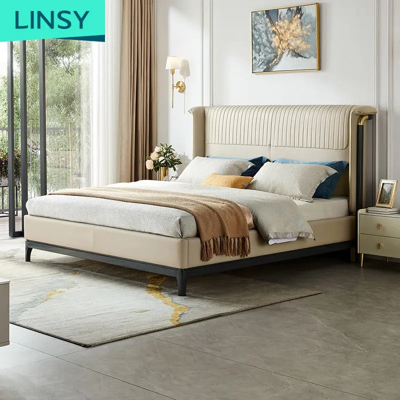Linsy Hot Selling Luxus Modernes Bett aus weichem Leder Massives Holzbett 1,8 m weiches Doppelbett Lh008A1