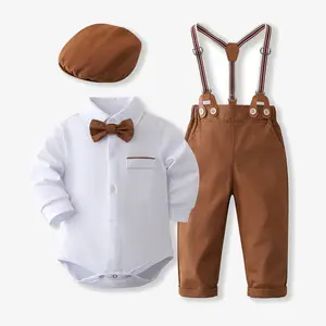Traje Formal personalizado para bebé, traje de boda para niño pequeño, traje de cumpleaños con tirantes para bebé, conjunto de pantalones marrones, 2023