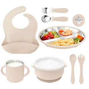 Juego de alimentación para bebés de 8 piezas, platos y tazones de acero inoxidable con ventosa, tenedor y cuchara de silicona, utensilios sin BPA, ecológicos, 9 colores, Baby Led - Product Image 1