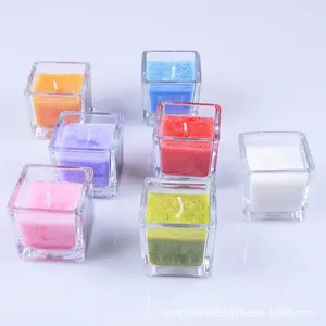 Tempat lilin kaca persegi kecil dengan Set bulat lilin kedelai beraroma untuk pernikahan cetak Digital produk aromaterapi