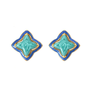 Fashion <b>Stud</b> <b>Earrings</b> 316L Stainless Steel PVD Gold Plating Sustainable Resistant <b>Blue</b> Green Enamel Design - Product Image 2