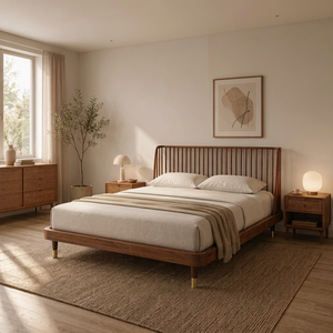 Cama de Plataforma de Madera de Teca Sólida de Alta Calidad, Estilo Moderno de Mediados de Siglo, Color Personalizado, Tamaño King, Ensamblable, Muebles de Dormitorio, Patas con Remaches de Latón - Product Image 1