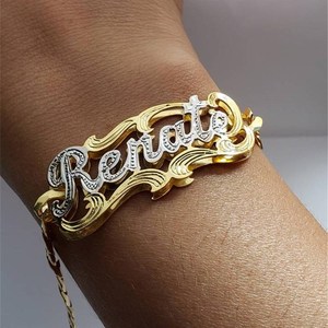 Braccialetti con <span class=keywords><strong>nome</strong></span> a doppia placca bicolore in acciaio inossidabile con catena cubana per donna, ideali come regalo - Product Image 2