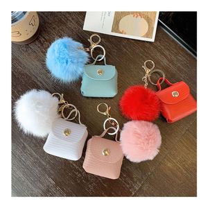 INS Pompom PU <b>Leather</b> Wallet Pouch Charm Keychain Key Holder Hair Ball Pom Pom <b>Mini</b> Coin Purse <b>Backpack</b> Pendant Keyrings - Product Image 1