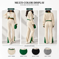 Ensemble deux pièces en tricot pour femmes, pull en tricot côtelé, haut court, pantalon large, tenue décontractée