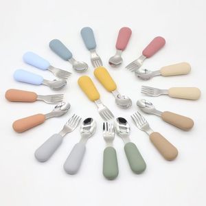 Cấp thực phẩm thép không gỉ Fork & Spoon Set bé ngắn xử lý Silicone muỗng Sushi Ngã Ba & muỗng trẻ em của Bộ đồ ăn - Product Image 1