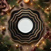 Ensemble d'assiettes à dîner en céramique noires de luxe avec bordure dorée pour mariage, hôtel, restaurant occidental, décoration de table à domicile, vente en gros