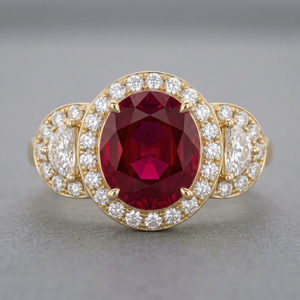 Anillo de cóctel de lujo con tres piedras de diamante cultivado en laboratorio, halo de gema ovalada roja, oro amarillo de 14K, certificado IGI, personalizado OEM para fiestas - Product Image 1