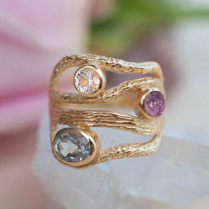 Anello da donna con pietra colorata sfumata effetto pietra di luna, geometrico, multistrato, gioiello alla moda - Product Image 2