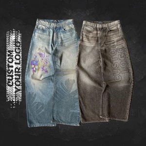 بنطال جينز فضفاض كلاسيكي بتصميم عصري قابل للتخصيص للرجال بنطال جينز بحجر مسطح بنطال واسع بنمط الهيب هوب - Product Image 1