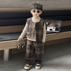 Bộ quần áo trẻ em Hàn Quốc cổ điển mùa thu xuân 3 món: Áo ghi lê + Áo len + Quần, dành cho bé trai, phong cách thường ngày - Product Image 5