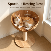 Panier pour chat en rotin tressé naturel avec griffoir en sisal et base en bois massif, mobilier d'intérieur pour animaux de compagnie