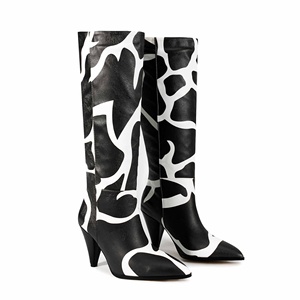 Femmes bout pointu conique talon haut genou bottes hautes sans lacet large mollet Pu mode botte pour l'automne hiver - Product Image 3
