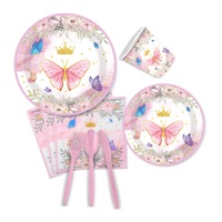 Vaisselle jetable sur le thème des fleurs et des papillons roses, assiettes en papier, nappe, serviettes, drapeaux, couteaux, fourchettes, cuillères pour fête d'anniversaire de fille