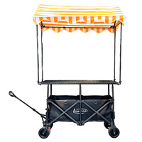 Chariot de Restauration Tout-Terrain en Métal pour Vente Ambulante, Chariot Compact pour Marchés avec Table Pliante, Hauteur Réglable et Auvent Triangulaire