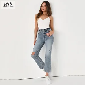 Pantalon en denim taille haute mode lavage léger en détresse taille haute recadrée Flarejeans vente en gros concepteur décontracté timide fille tissé