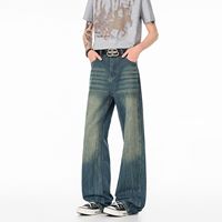 Pantalon ample et respirant pour homme, style américain rétro, en denim délavé et usé, coupe mi-large, design déchiré, style couteau courbé