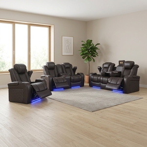 Set di Divani per Soggiorno con Sezione Reclinabile e Portabicchieri, Divano Nero - Product Image 1